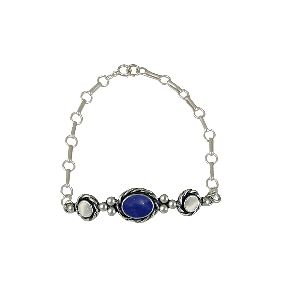 Sterling Silver Gemstone Adjustable Chain Bracelet With Lapis Lazuli And White Moonstone